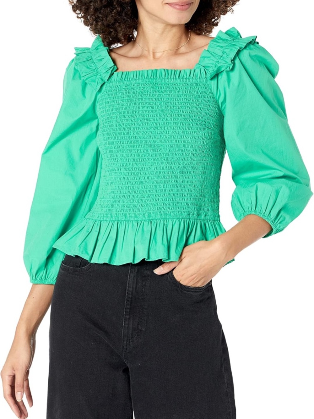 The Drop Marisol Women’s Long Sleeve Smocked Ruffle Jamaica Top - Green